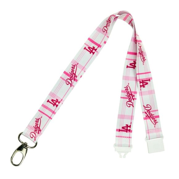 LOS ANGELES DODGERS Pink Plaid Lanyard Keychain Reversible 2-Sided Logo New - Picture 1 of 2